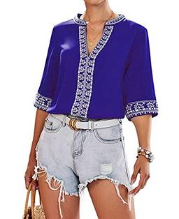 Cotrio Blusa feminina com decote em V Boho estampa bordada tops de camisa verão meia manga casual solta tamanho S azul