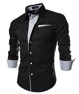 Elonglin Camisa Social Masculina Formal com Botões Manga Comprida Camisa Casual Elegante Cores Contrastantes Preto M