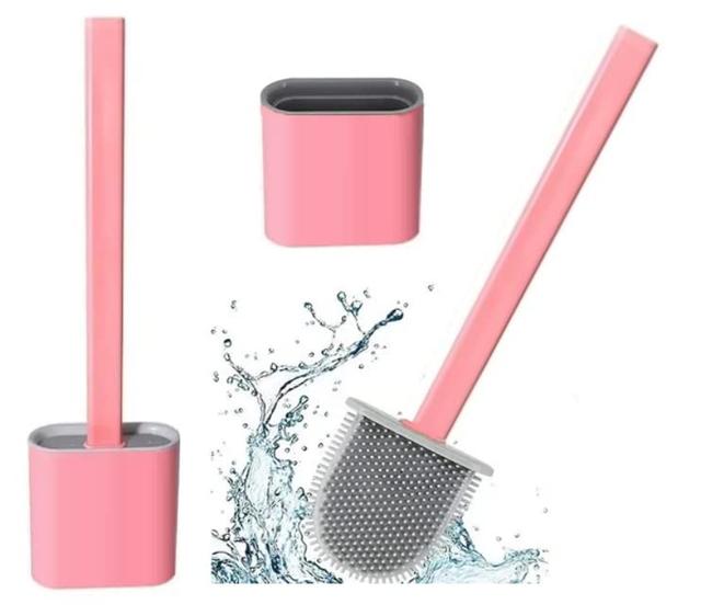Escova Limpar Vaso Sanitário Privada Banheiro em Silicone Rosa