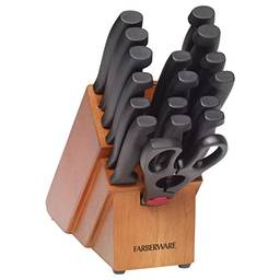 Farberware Conjunto de blocos de facas de aço inoxidável de alto carbono Never Needs Sharpening com alças antiderrapantes, 18 peças, preto