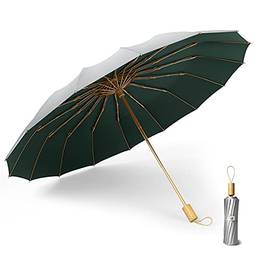 Guarda-chuva compacto de sol/chuva, proteção UV 50+ 16 costelas de fibra de vidro guarda-chuva dobrável super à prova de vento, guarda-chuva de viagem de golfe uv bloqueador do sol(Prata/Verde)