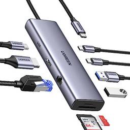 UGREEN 9-in-1 USB C Hub com 2 USB-C e 2 USB-A 3.0 5 Gbps Data Ports, 4K 60Hz Tipo C para HDMI, PD 100W, Gigabit Ethernet, SD/TF Card Reader, Multiport Adapter Compatible MacBook Pro/Ar, Samsung