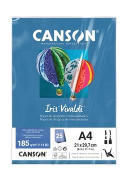 CANSON Iris Vivaldi, Papel Colorido A4 em Pacote de 25 Folhas Soltas, Gramatura 185 g/m², Cor Azul Mar (22)