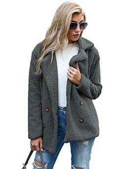 Casaco de lã feminino com lapela de pele falsa, casaco de inverno, confortável, quente, casaco (CINZA ESCURO,2XG)