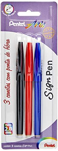 Marcador Sign Pen Preto, Vermelha e, Pentel, Preto/Vermelha/Azul