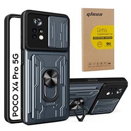Capa para Xiaomi POCO X4 Pro 5G+ Película de Vidro, Capa Sólida Proteja Câmera Slim Capa à Prova de Choque com Porta Cartão para Xiaomi POCO X4 Pro 5G 6,67 Polegadas (POCO X4 Pro 5G, Cinza)
