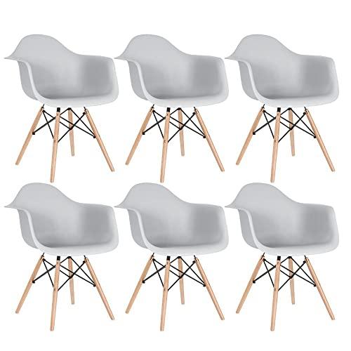 KIT - 6 x cadeiras Charles Eames Eiffel DAW com braços - Base de madeira clara - Cinza claro