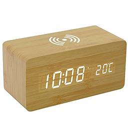 Staright Despertador digital de madeira com carregamento sem fio 3 alarmes Display LED Controle de som para quarto de cabeceira Presente de escritório para crianças e amigos