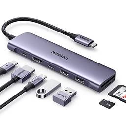 UGREEN Hub Revodok 7 em 1 USB-C com HDMI 4K, fornecimento de energia de 100 W, USB-C e 2 portas de dados USB-A de 5 Gbps, leitor de cartão SD/TF, dongle USB C para MacBook Pro/Air, iPad Pro, Surface