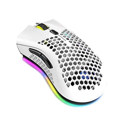 Tomshin Mouse sem fio 2.4G para jogos Mouse recarregável com efeito de luz RGB 3 DPI ajustável oco design de favo de mel branco