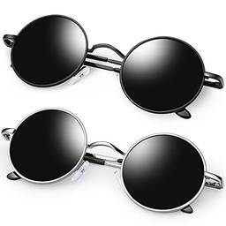 Óculos de sol polarizados redondos Retrô Steampunk, Lennon Óculos Dark Armação de Vintage Hippie Metal, Óculos de Sol Proteção Solar UV