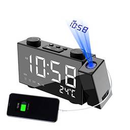 Eastdall Rádio Fm Despertador,Projeção Despertador Rádio FM Relógio Tela LED de 6 polegadas com projetor ajustável de 180 ° Alarmes duplos com Snooze Porta de carregamento USB Temperatura Casa