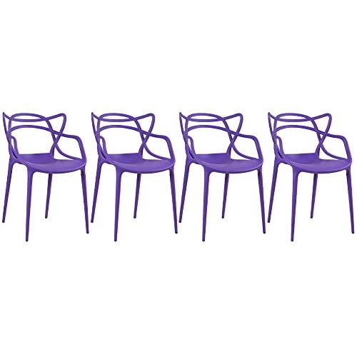 Loft7, Conjunto Kit 4 Cadeiras Design Allegra Polipropileno Injetado Alta Densidade Empilhável Sala Cozinha Jantar Bar Restaurante Jardim Varanda Leve Moderna Proteção UV, Roxo