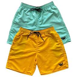 Kit 2 Shorts Moda Praia Bermudas Lisas Siri Relaxado Cordão Neon (Verde Agua e Amarelo, G)