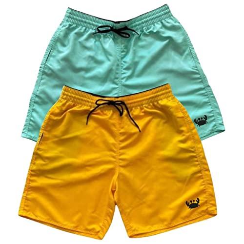 Kit 2 Shorts Moda Praia Bermudas Lisas Siri Relaxado Cordão Neon (Verde Agua e Amarelo, GG)