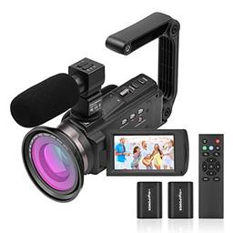 Bonnu 4K/60FPS 48MP WiFi Conjunto de Câmera de Vídeo Digital 1 Gravador de Filmadora + 1 Microfone + 1 Controle Remoto + 2 Baterias + 1 Lente de Câmera + 1 Punho com Zoom de 16X Tela sensível ao