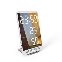 Despertador digital, Termômetro Higrômetro Relógio de espelho com luz de fundo interna, Monitor de umidade e temperatura e função Snooze com tela LED grande, Sensor externo, Despertador para escritório doméstico (branco)