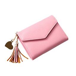 Carteira feminina com pingente de borla, bolsa para dinheiro curta com zíper, carteira, bolsa para cartões (rosa claro)