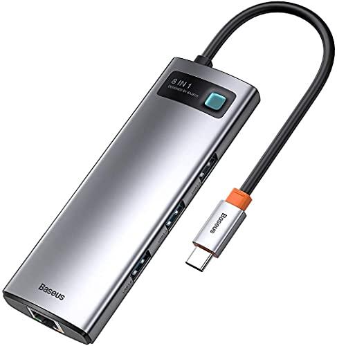 Baseus Estação de ancoragem USB C, adaptador 8 em 1 USB-C HUB com HDMI 4K, 3 USB 3.0, leitor de cartão microSD e SD, entrega de energia de 100 W para MacBook Pro, Surface Pro, iPad Pro e mais