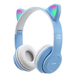 POTIKA Fone De Ouvido Bluetooth 5.0 Sem Fio, Fone De Ouvido Lindo Em Forma De Orelha De Gato, Cancelamento De Ruídos Sobre Os Fones De Ouvido, Fone De Ouvido Esportivo Com Luz Led Piscando, Azul