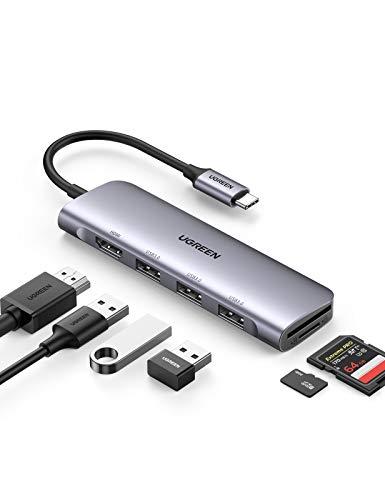 Adaptador USB C HDMI 6 em 1 hub tipo C com 4K USB C para HDMI, leitor de cartão SD TF, 3 portas USB 3.0 para MacBook Pro 2019/2018/2017, Galaxy Note 10 S10 S9 S8 Plus, Chromebook, Alumínio XPS