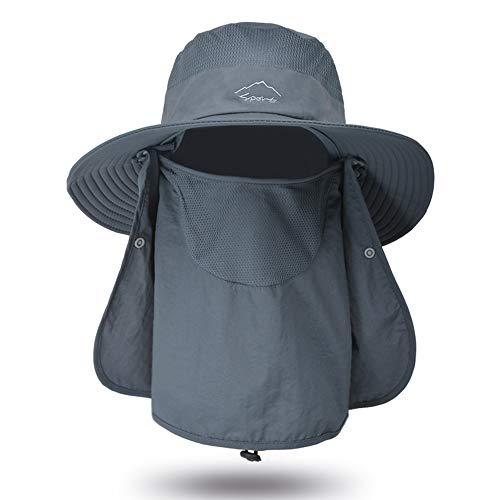 Fdrirect Protetor solar externo para homens e mulheres, proteção solar UV UPF 50+ com aba removível para o pescoço, chapéu de aba larga para acampamento de pesca,cinza escuro