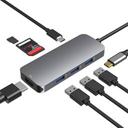 Adaptador USB C Hub HDMI, 7 em 1 Hub Tipo C para HDMI 4k, 3 portas USB 3.0, entrega de energia de 100 W, leitores de cartão SD / TF compatíveis com MacBook Pro 13/15, 2018 Mac Air, adaptador Chromebook USB C