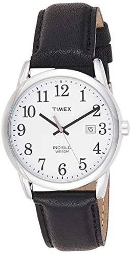 Timex Easy Reader Relógio com pulseira de couro de 38 mm, Preto/Prateado/Branco, Mens Standard, Movimento de quartzo
