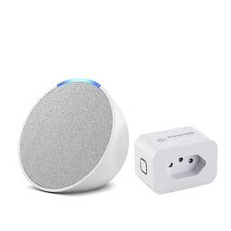 Echo Pop | Smart speaker compacto com som envolvente e Alexa | Cor Branca + Smart Plug Positivo