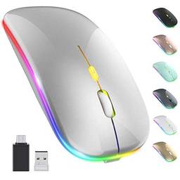 SZAMBIT Mouse Sem Fio LED,Mouse Bluetooth Silencioso Recarregável Fino,Mouse de Computador Portátil USB óptico 2.4G Sem Fio Bluetooth de Dois Modos com Receptor USB e Adaptador Tipo C,Prata