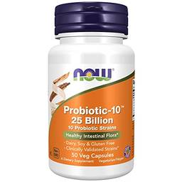 Suplementos NOW, Probiotic-10™, 25 bilhões, com 10 cepas probióticas, sem laticínios, soja e glúten, verificação de cepas, 50 cápsulas veganas