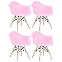 Kit 4 cadeiras Charles Eames Eiffel DAW com braços e pés de madeira clara Rosa claro