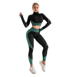 Lhyxuuk 3 Peças Conjunto Fitness Roupa Academia Esportiva Yoga Calça Legging Top Sutiã e Jaqueta Feminino (M, Verde escuro + Preto)