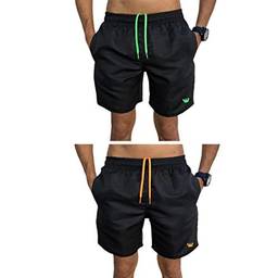 Kit 2 Shorts Bermudas Lisas Siri Relaxado Cordão Neon (Preto/Verde e Preto/Laranja, P)