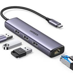 UGREEN Adaptador USB C para Ethernet, Hub multiportas 4 em 1 com Gigabit RJ45, 3 portas USB 3.0 compatíveis com MacBook Pro Air, iMac, iPad, Galaxy S22 S21, Surface Book, Dell XPS, Chromebook e mais
