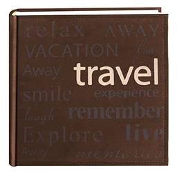 Pioneer álbum de fotos"Travel" com design de texto em camurça sintética costurada, marrom