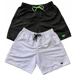 Kit 2 Shorts Moda Praia Bermudas Lisas Siri Relaxado Cordão Neon (Branco e Preto/Verde, G)