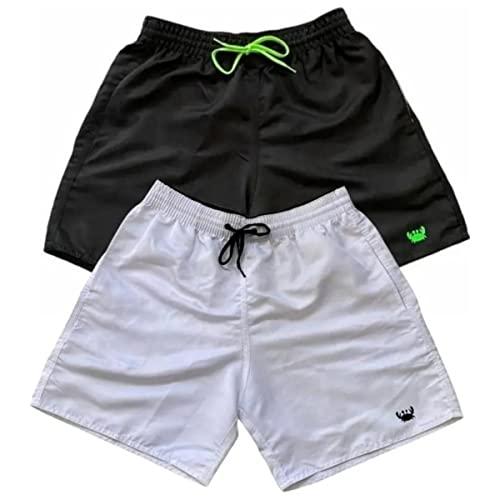 Kit 2 Shorts Moda Praia Bermudas Lisas Siri Relaxado Cordão Neon (Branco e Preto/Verde, M)