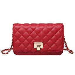 Bolsa de ombro feminina de couro bolsa de mão moderna bolsa de mão acolchoada com alça de corrente, Vermelho, Small, Clássico