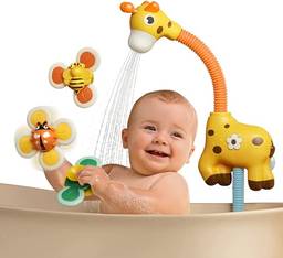 Brinquedo de banheira de bebê com cabeça de chuveiro e 3 brinquedos giratórios de sucção, torneira de chuveiro de esguicho de água girafa e bomba de água Essentials de verão para bebês crianças pequen