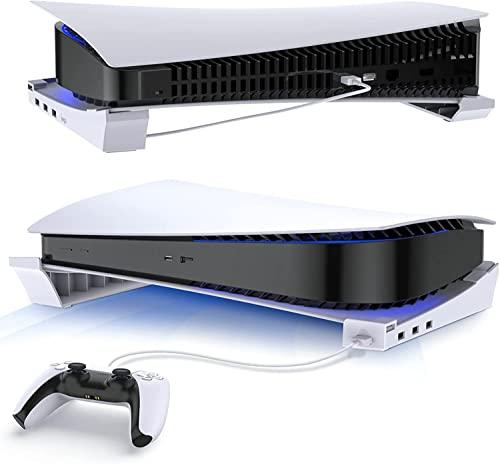 TwiHill Suporte horizontal para PS5 com extensão USB, suporte de console de gabinete com hub USB de dados de carregamento, suporte de acessórios compatível com Playstation 5 Disc & Digital Edition
