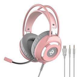 Henniu AX120 Fone de ouvido com fio USB 3,5 mm estéreo para jogos com cancelamento de ruído com microfone Unidade de driver de 50 mm rosa