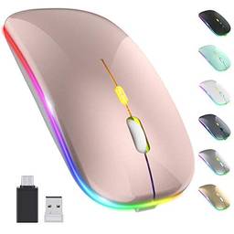 SZAMBIT Mouse Sem Fio LED,Mouse Bluetooth Silencioso Recarregável Fino,Mouse de Computador Portátil USB óptico 2.4G Sem Fio Bluetooth de Dois Modos com Receptor USB e Adaptador Tipo C,Rosa Ouro