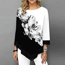 Snario Moda feminina floral blusa impressa plus size 3/4 mangas hemline irregular o pescoço primavera camisetas tees tops casuais