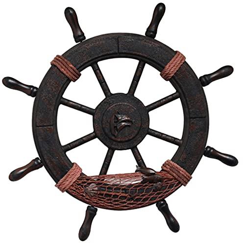 EXCEART Roda Náutico Decor Rústico Barco Leme Volante Do Navio de Pesca Net Escultura De Parede Ornamento de Suspensão para Casa de Praia Decoração Tema