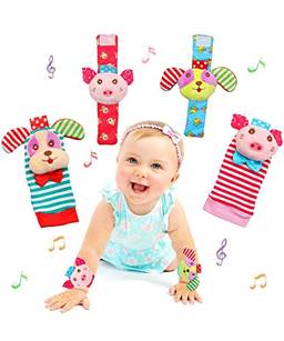 Conjunto de brinquedos para chocalho de bebê, chocalhos de pulso para bebês e meias localizadoras de pés, brinquedo de brinquedo de animal macio de desenvolvimento educacional (4 Pack)