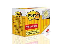 Blocos de Notas Adesivas Post-it Amarelo - 24 blocos de - 100 folhas cada (4 blocos grátis), 38mm x 50mm