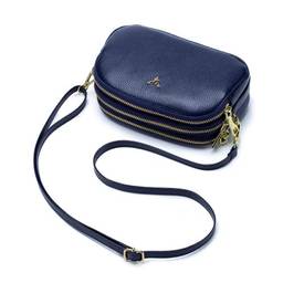 Bolsa transversal de couro legítimo para mulheres com três zíper, simples, tamanho pequeno, celular, transversal, para meninas,, Azul, P