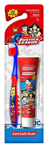 Gel Dental Infantil Heróis Liga da Justiça 50g - Sabor Tutti Frutti + Escova de Dentes com cerdas Macias, Dentalclean