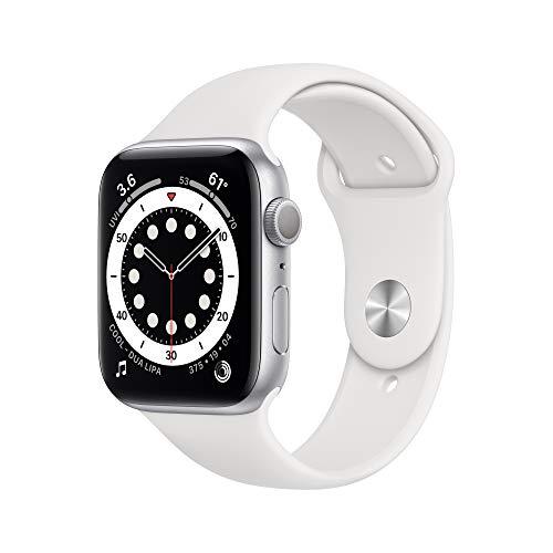 Novo Apple Watch Series 6 (GPS, 44 mm) - Caixa de alumínio prateada com pulseira esportiva branca